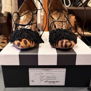 Aquazzura Leopard Fringe Heels in Black and Brown